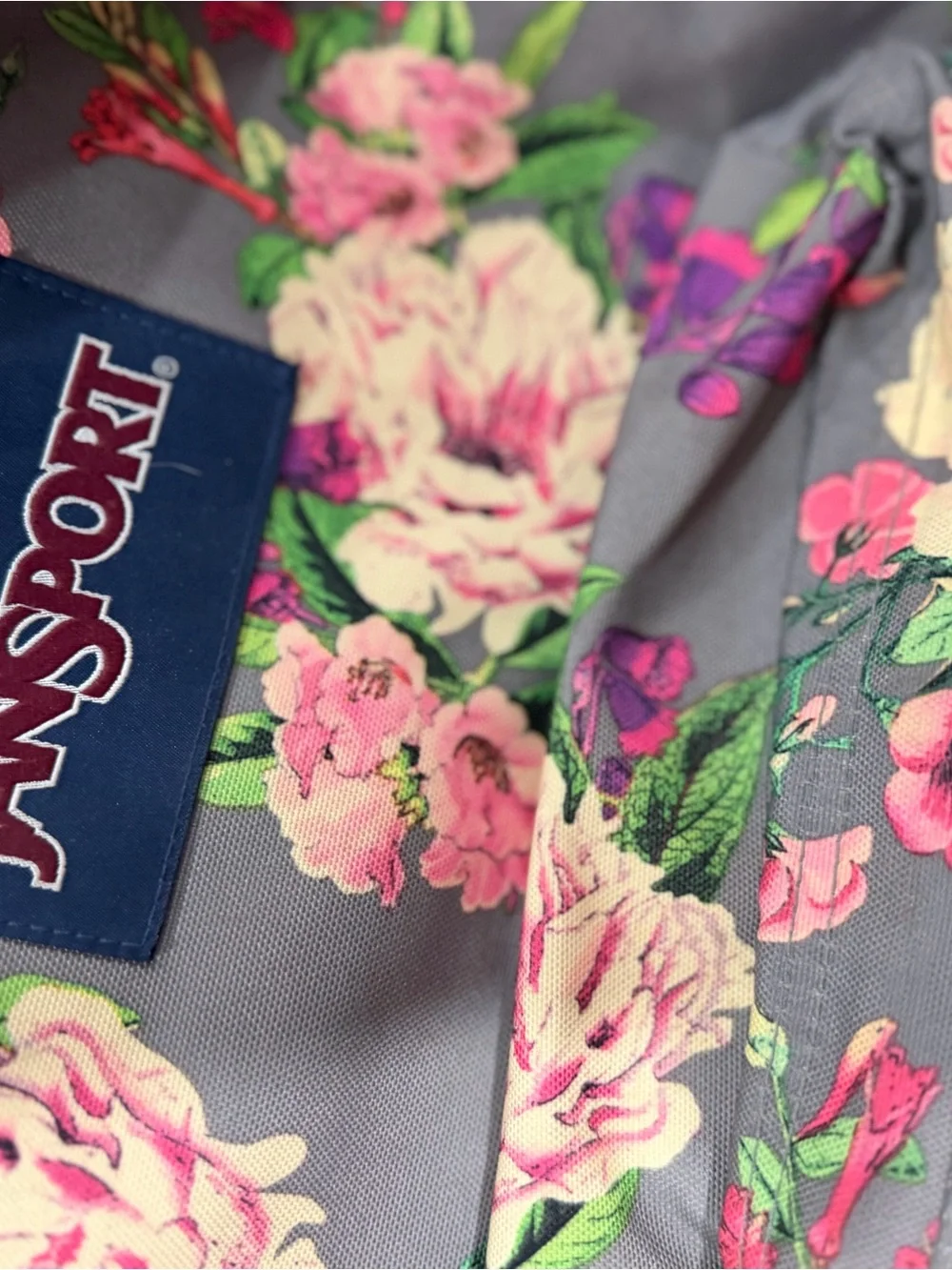 Jansport Floral Backpack in Gray with Pink & Cream Flowers